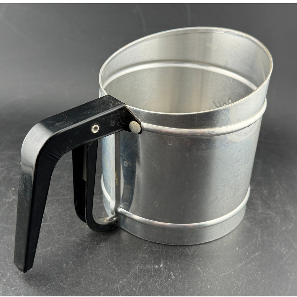Vintage Foley Aluminum Flour Sifter-Silver Black, Squeeze Handle, Made in USA